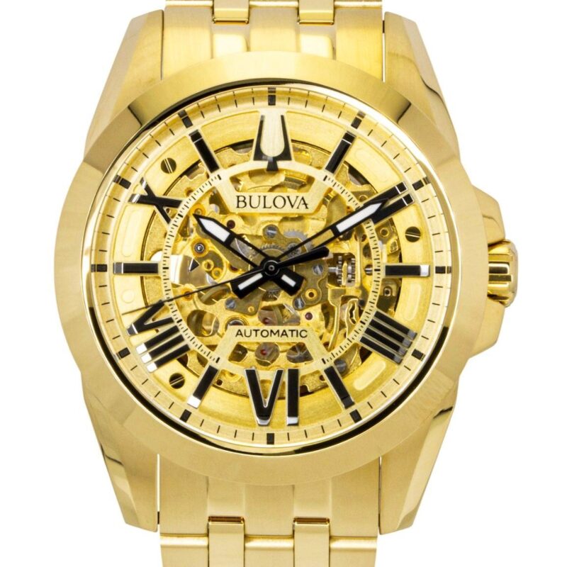 Bulova Sutton Gold Tone Stainless Steel Gold Skeleton Dial Automatic 97A162 Men's Watch