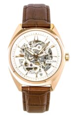 Bulova Surveyor Leather Strap  Silver Skeleton Dial Automatic 97A175 Men's Watch