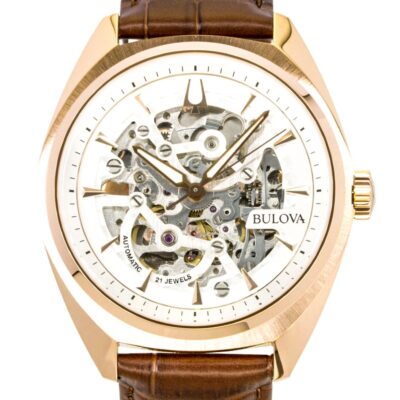 Bulova Surveyor Leather Strap  Silver Skeleton Dial Automatic 97A175 Men's Watch