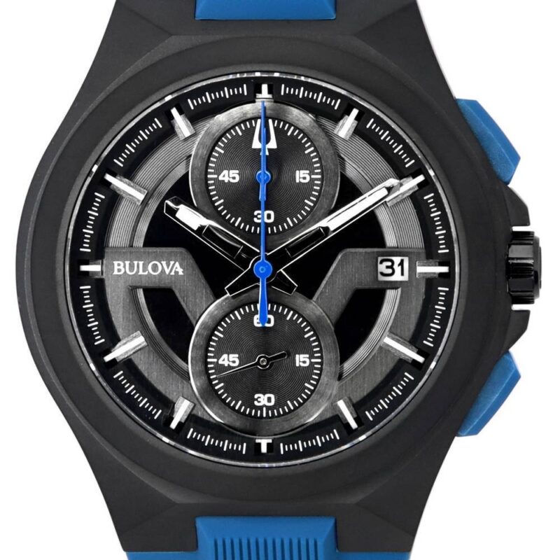 Bulova Maquina Chronograph Black Dial Blue Strap Quartz 98B380 100M Men's Watch