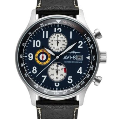 AVI-8 Hawker Hurricane Classic Chronograph Midnight Black Leather Strap Blue Dial Quartz AV-4011-0I Men's Watch