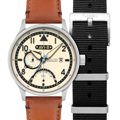 AVI-8 Hawker Hurricane Mckellar Dual Time Brown Beige Leather Strap Cream Dial AV-4101-0C Quartz Men's Watch With Extra Strap