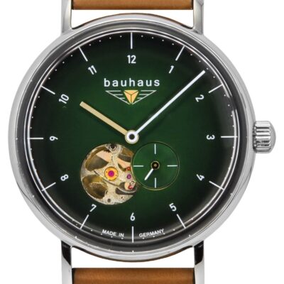 Bauhaus Classic Leather Strap Dark Green Open Heart Dial Automatic 21664 Men's Watch