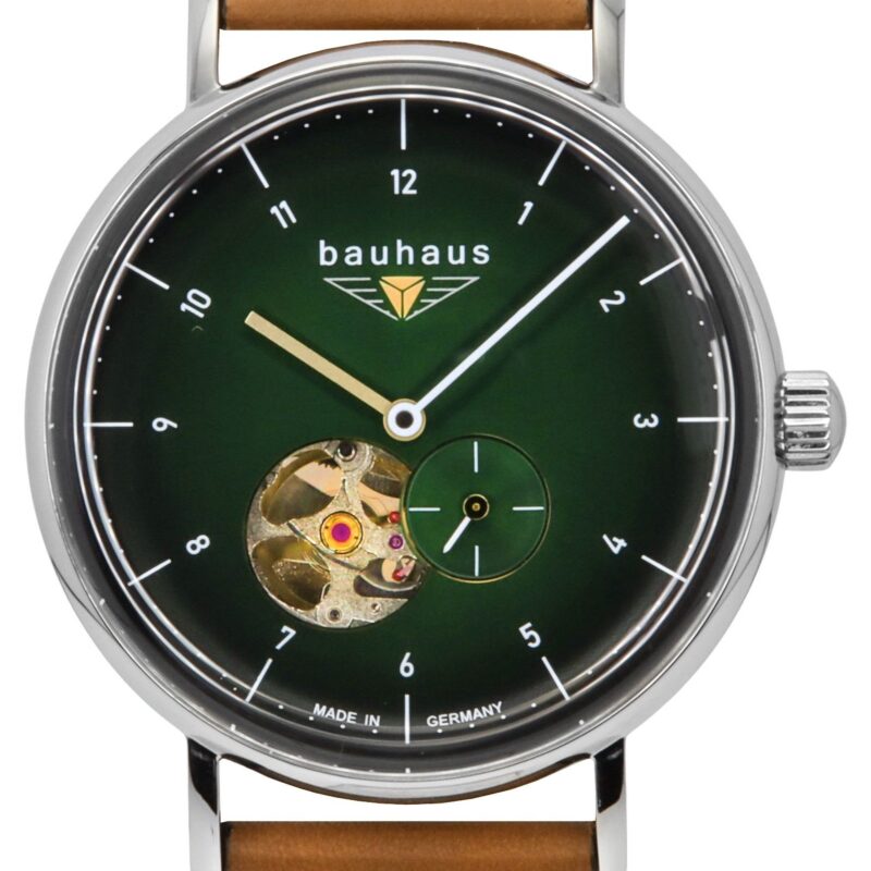 Bauhaus Classic Leather Strap Dark Green Open Heart Dial Automatic 21664 Men's Watch