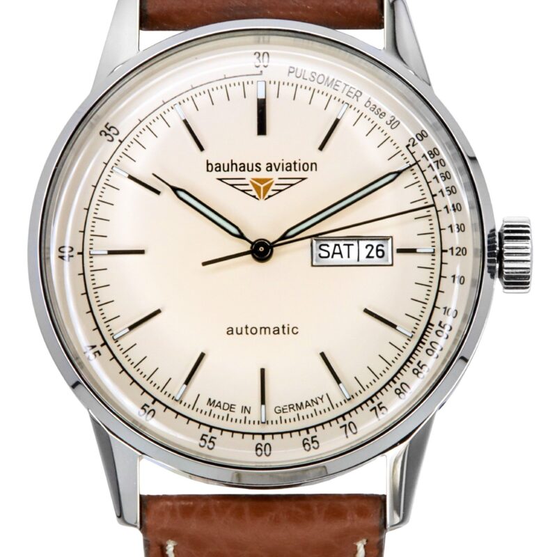 Bauhaus Aviation Leather Strap Beige Dial Automatic 23665 100M Men's Watch