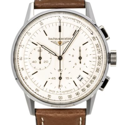 Bauhaus Aviation Chronograph Leather Strap Beige Dial Quartz 23765 100M Men's Watch