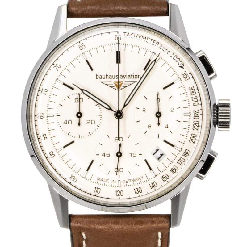 Bauhaus Aviation Chronograph Leather Strap Beige Dial Quartz 23765 100M Men's Watch