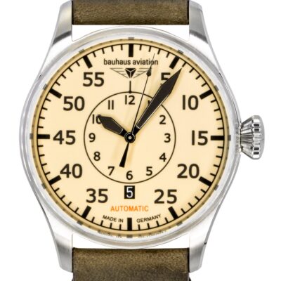 Bauhaus Aviation Leather Strap Beige Dial Automatic 27565 Men's Watch