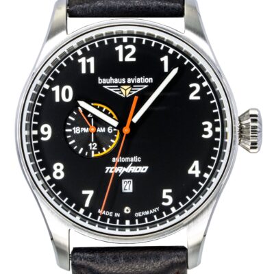 Bauhaus Aviation Tornado Leather Strap Black Dial Automatic 27642 Men's Watch