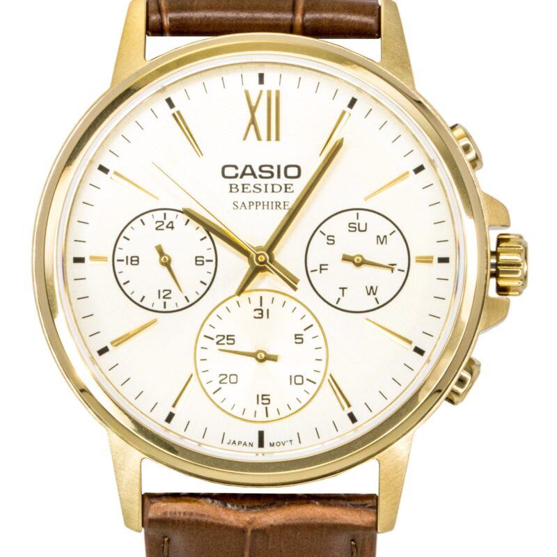 Casio Beside Analog Leather Strap Gold Dial Quartz BMS-300GL-5AV Men's Watch