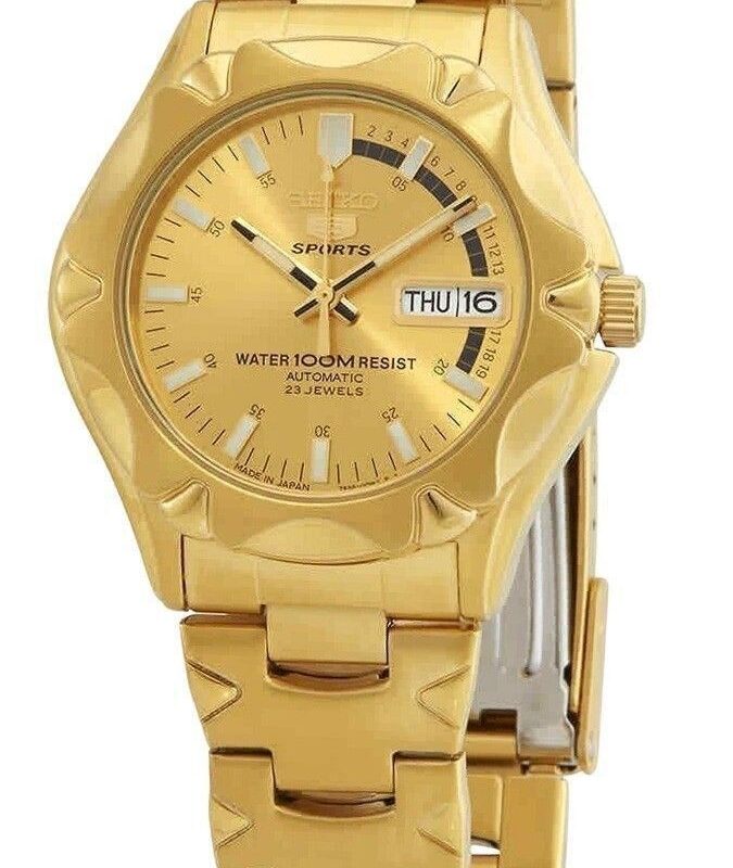Refurbished Seiko 5 Sports Gold Tone Stainless Steel Gold Dial Automatic SNZ450J1 100M Men's Watch