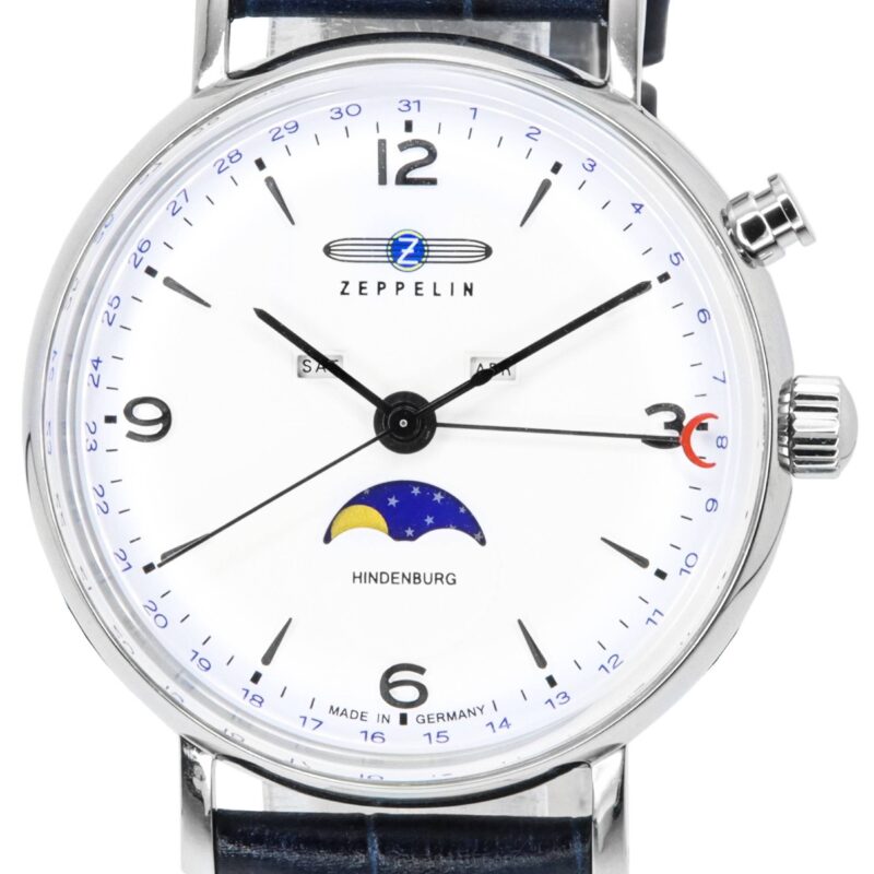 Refurbished Zeppelin LZ 129 Hindenburg Leather Strap Moon Phase White Dial Quartz 80761 Men's Watch