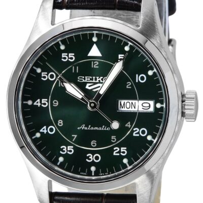 Seiko 5 Sports GMT Kelly Green Flieger Suit Style Leather Strap Automatic SRPJ89K1 100M Men's Watch