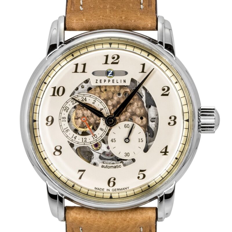 Zeppelin Captain's Line Leather Strap Beige Skeleton Dial Automatic 86585 Men's Watch