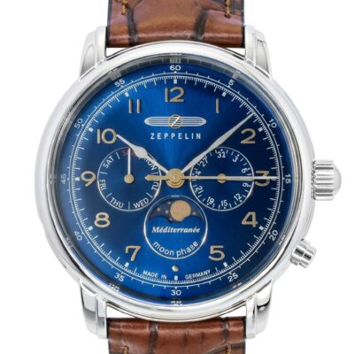 Zeppelin 100 Jahre Mediterranee Moonphase Leather Strap Blue DIal Quartz 96363 Men's Watch