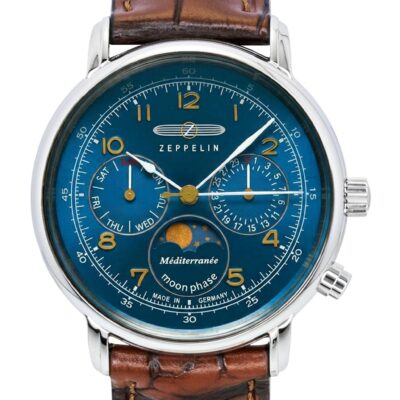 Zeppelin 100 Jahre Mediterranee Moonphase Leather Strap Blue DIal Quartz 96373 Men's Watch