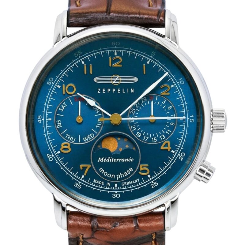 Zeppelin 100 Jahre Mediterranee Moonphase Leather Strap Blue DIal Quartz 96373 Men's Watch