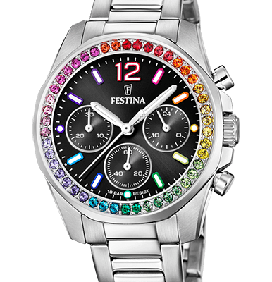 Festina Rainbow Chronograph Crystal Accents Stainless Steel Black Dial Quartz F20606-3 100M Women's Watch