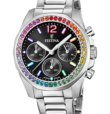 Festina Rainbow Chronograph Crystal Accents Stainless Steel Black Dial Quartz F20606-3 100M Women's Watch