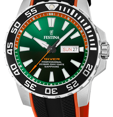 Festina The Originals Rubber Strap Green Dial Quartz Diver's F20662-2 200M Men's Watch