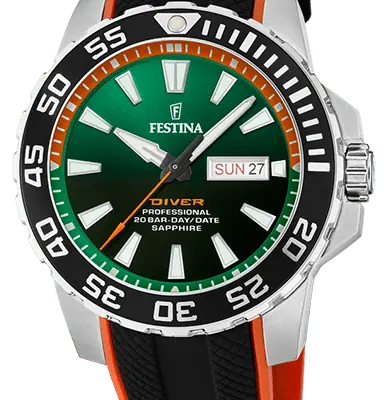 Festina The Originals Rubber Strap Green Dial Quartz Diver's F20662-2 200M Men's Watch