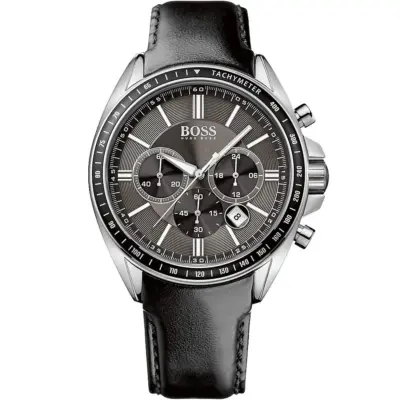 Hugo Boss Watch Men Black Dial Leather Strap Quartz Battery Analog Chronograph Driver 1513085