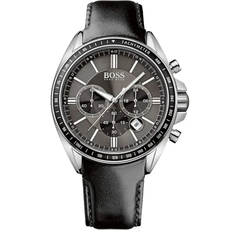 Hugo Boss Watch Men Black Dial Leather Strap Quartz Battery Analog Chronograph Driver 1513085