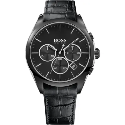 Hugo Boss Watch Men Black Dial Leather Strap Quartz Battery Analog Chronograph Onyx 1513367
