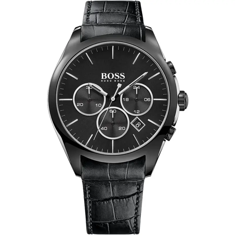 Hugo Boss Watch Men Black Dial Leather Strap Quartz Battery Analog Chronograph Onyx 1513367