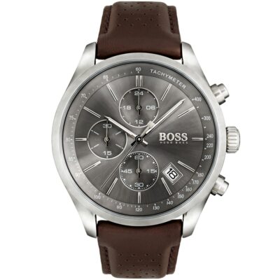 Hugo Boss Watch Men Gray Dial Leather Brown Strap Quartz Analog Chronograph Grand Prix 1513476