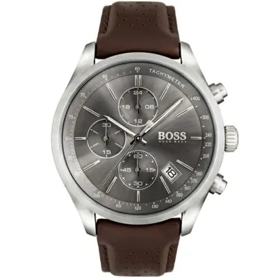 Hugo Boss Watch Men Gray Dial Leather Brown Strap Quartz Analog Chronograph Grand Prix 1513476
