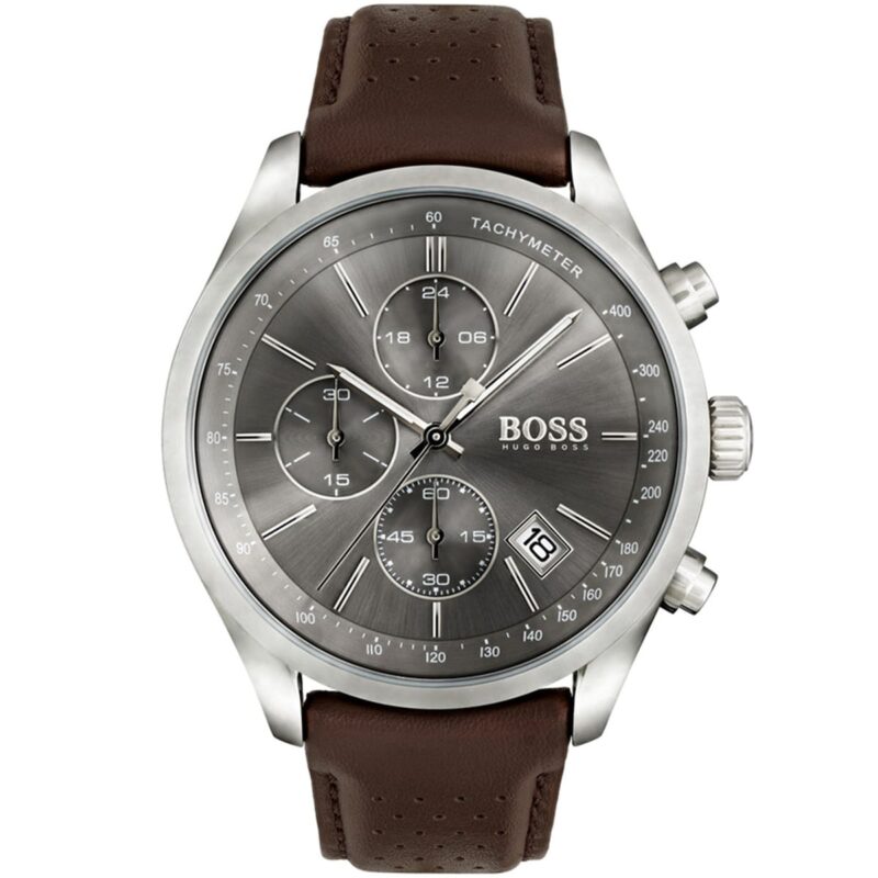 Hugo Boss Watch Men Gray Dial Leather Brown Strap Quartz Analog Chronograph Grand Prix 1513476