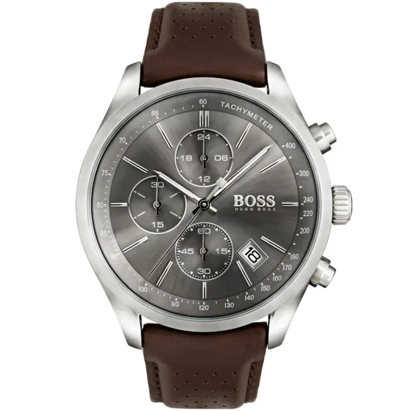 Hugo Boss Watch Men Gray Dial Leather Brown Strap Quartz Analog Chronograph Grand Prix 1513476