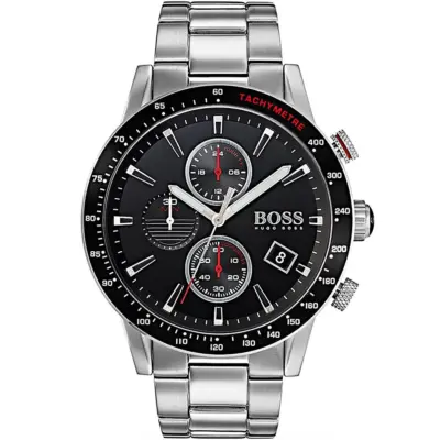 Hugo Boss Watch Men Black Dial Metal Stainless Silver Strap Quartz Battery Analog Chronograph Rafale 1513509