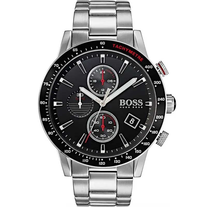 Hugo Boss Watch Men Black Dial Metal Stainless Silver Strap Quartz Battery Analog Chronograph Rafale 1513509
