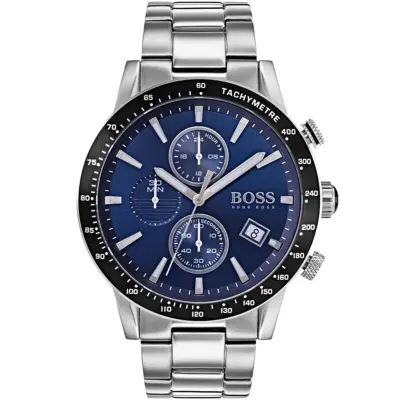 Hugo Boss Watch Men Blue Dial Metal Stainless Silver Strap Quartz Battery Analog Chronograph Rafale 1513510