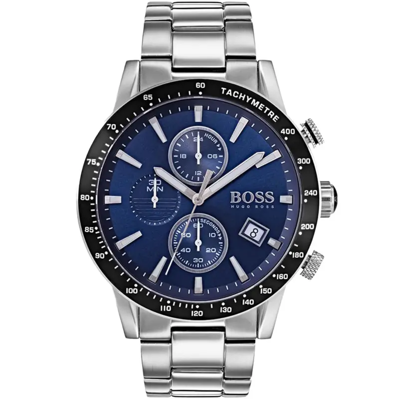 Hugo Boss Watch Men Blue Dial Metal Stainless Silver Strap Quartz Battery Analog Chronograph Rafale 1513510