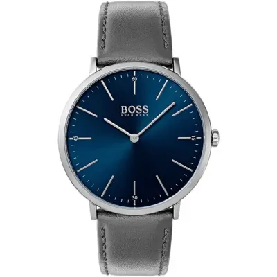 Hugo Boss Watch Men Blue Dial Leather Gray Strap Quartz Battery Analog Three Hand Horizon 1513539