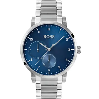 Hugo Boss Watch Men Blue Dial Metal Stainless Silver Strap Quartz Battery Analog Three Hand Oxygen 1513597