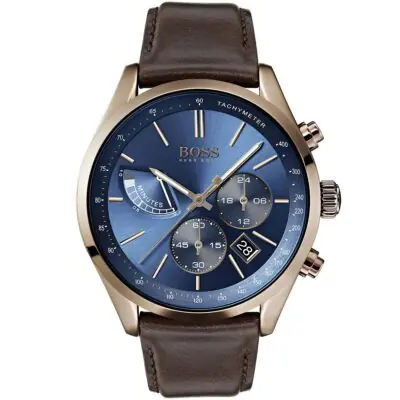 Hugo Boss Watch Men Blue Dial Leather Brown Strap Quartz Analog Chronograph Grand Prix 1513604