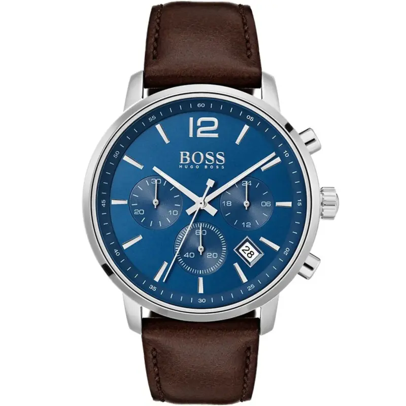 Hugo Boss Watch Men Blue Dial Leather Brown Strap Quartz Battery Analog Chronograph Attitude 1513606