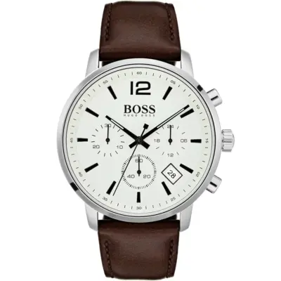 Hugo Boss Watch Men Beige Dial Leather Brown Strap Quartz Battery Analog Chronograph Attitude 1513609
