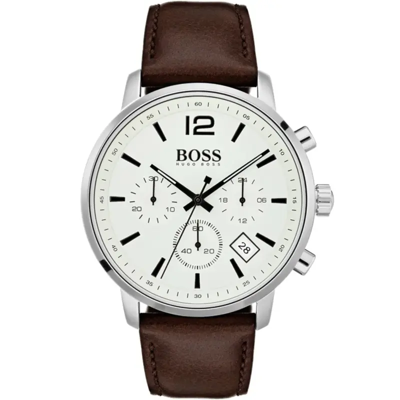 Hugo Boss Watch Men Beige Dial Leather Brown Strap Quartz Battery Analog Chronograph Attitude 1513609