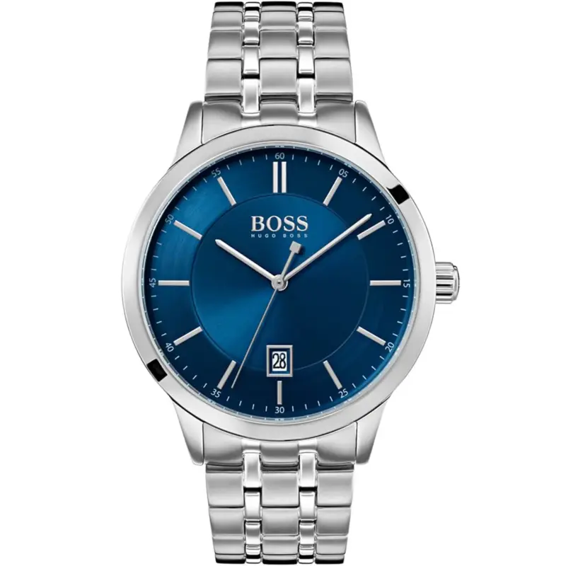 Hugo Boss Watch Men Blue Dial Metal Stainless Silver Strap Quartz Battery Analog Three Hand Officer 1513615
