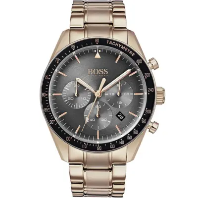 Hugo Boss Watch Men Gray Dial Metal Stainless Rose Gold Strap Quartz Battery Analog Chronograph Trophy 1513632