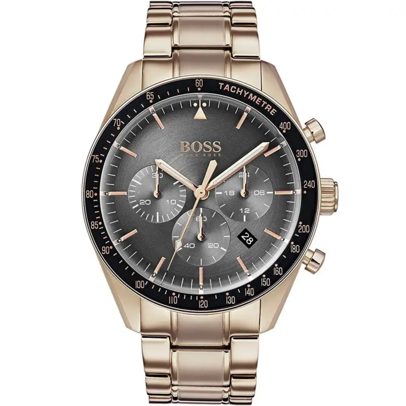 Hugo Boss Watch Men Gray Dial Metal Stainless Rose Gold Strap Quartz Battery Analog Chronograph Trophy 1513632