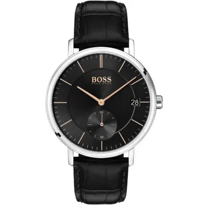 Hugo Boss Watch Men Black Dial Leather Strap Quartz Battery Analog Three Hand Corporal 1513638