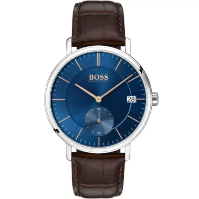 Hugo Boss Watch Men Blue Dial Leather Brown Strap Quartz Battery Analog Three Hand Corporal 1513639
