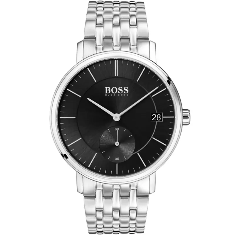 Hugo Boss Watch Men Black Dial Metal Stainless Silver Strap Quartz Battery Analog Three Hand Corporal 1513641