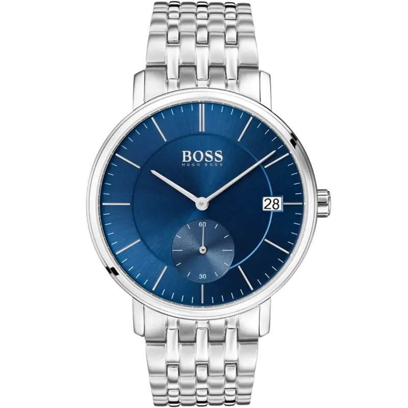Hugo Boss Watch Men Blue Dial Metal Stainless Silver Strap Quartz Battery Analog Three Hand Corporal 1513642